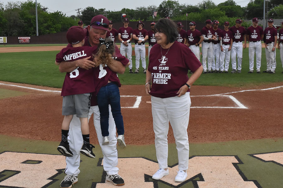Baseball+head+coach+Mike+Campbell+celebrates+his+45-year+career+in+coaching+before+the+home+game+against+Hebron+on+Tuesday%2C+April+12.