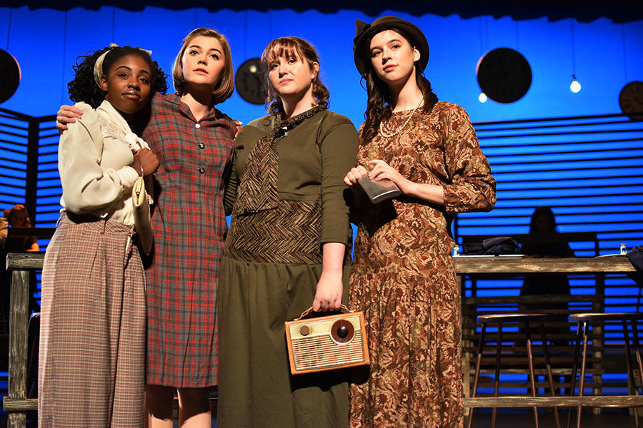 Juniors+Eliana+Jones+and+Madelyn+Bloom+and+seniors+Cadence+Hindman+and+Sophia+Cauduro+pose+together+as+the+radium+girls+during+a+scene.+Photo+courtesy+of+Dawn+Clyburn.